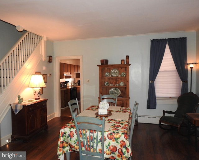 dining room featuring ornamental molding, a baseboard heating unit, and dark hardwood / wood-style floors