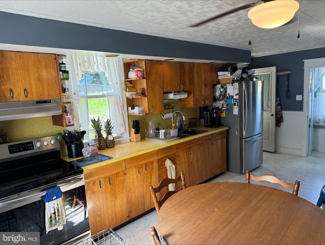 kitchen with range hood, a wealth of natural light, appliances with stainless steel finishes, and sink