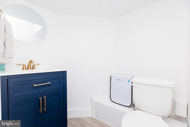 bathroom featuring toilet, vanity, and wood-type flooring