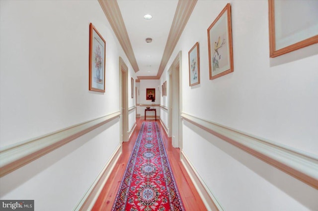 hall featuring hardwood / wood-style flooring and ornamental molding