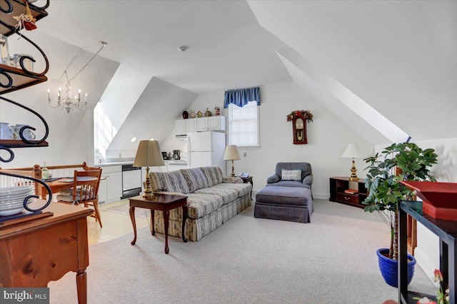 373 Craig Rd, Greencastle, PA 17225 - living room with an inviting chandelier, vaulted ceiling, and light colored carpet
