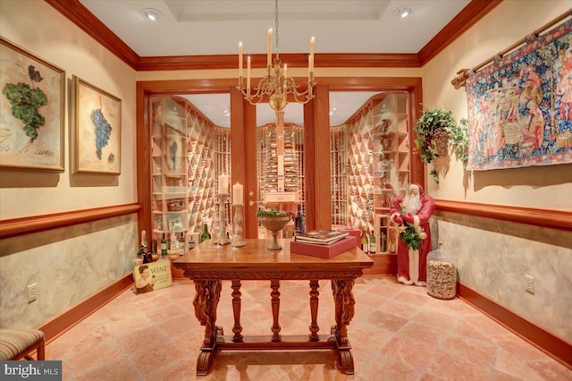 office area with crown molding and a chandelier