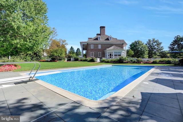 view of swimming pool featuring a yard, a diving board, and a patio area