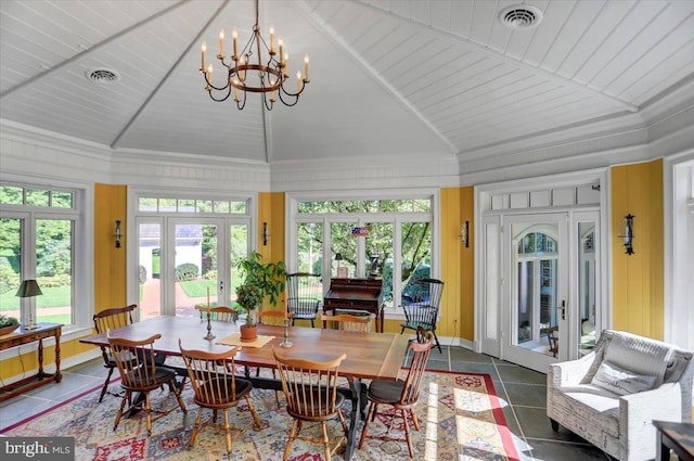 sunroom with a chandelier, french doors, vaulted ceiling, and wood ceiling