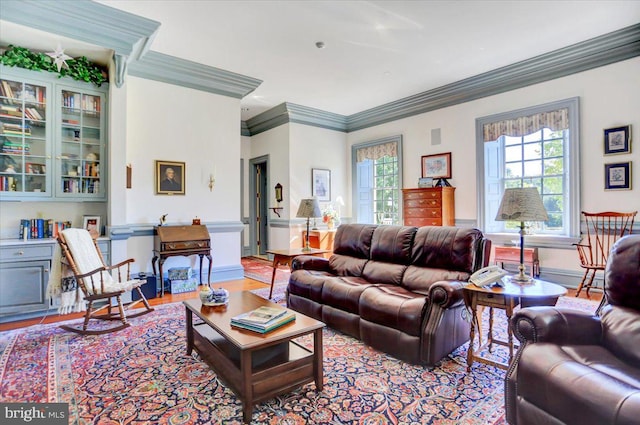 living room with crown molding