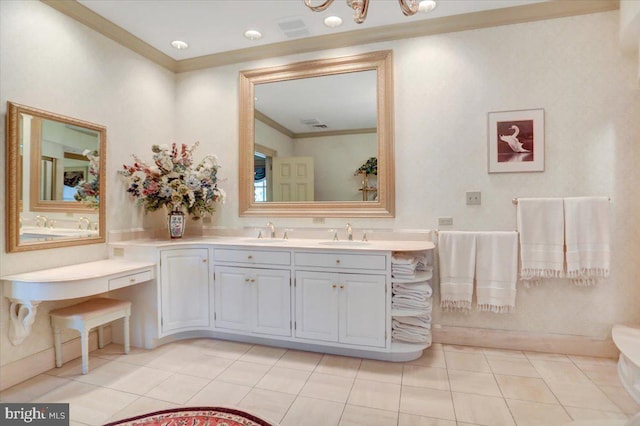 bathroom featuring tile patterned flooring, vanity, and ornamental molding