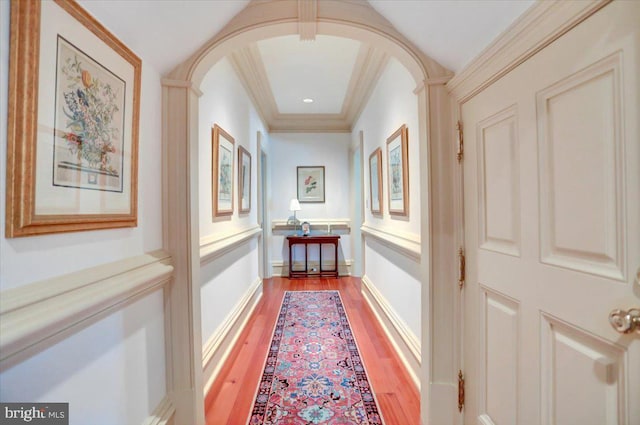 hallway with wood-type flooring and ornamental molding