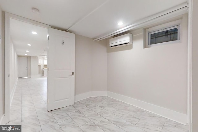 basement featuring a wall mounted air conditioner