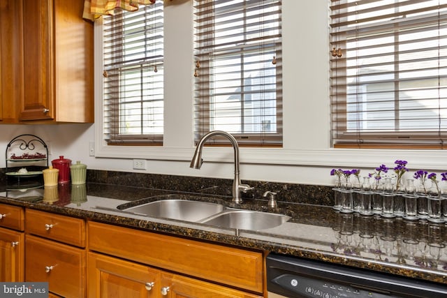 kitchen with dark stone countertops, sink, and black dishwasher