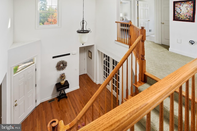 foyer entrance with hardwood / wood-style flooring and a towering ceiling