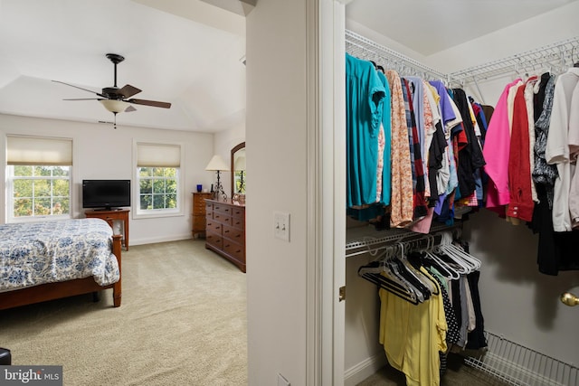 bedroom with ceiling fan and carpet flooring