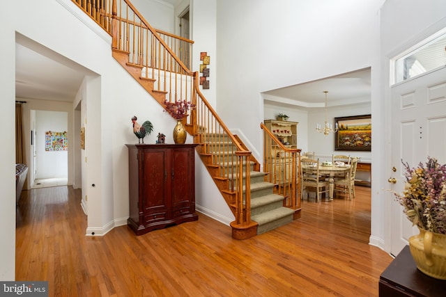 entryway with a high ceiling, wood-type flooring, and a chandelier