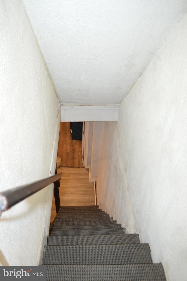 stairway with hardwood / wood-style flooring