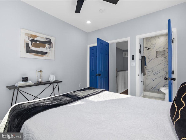 bedroom featuring ceiling fan and connected bathroom