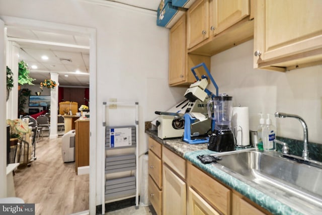 3536 Minnesota Ave SE, Washington, DC 20019 - kitchen featuring light brown cabinets, recessed lighting, light wood-style floors, and a paneled ceiling