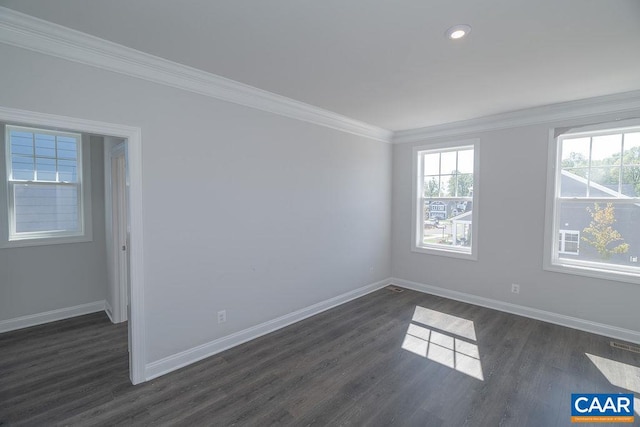 spare room featuring dark hardwood / wood-style floors and ornamental molding