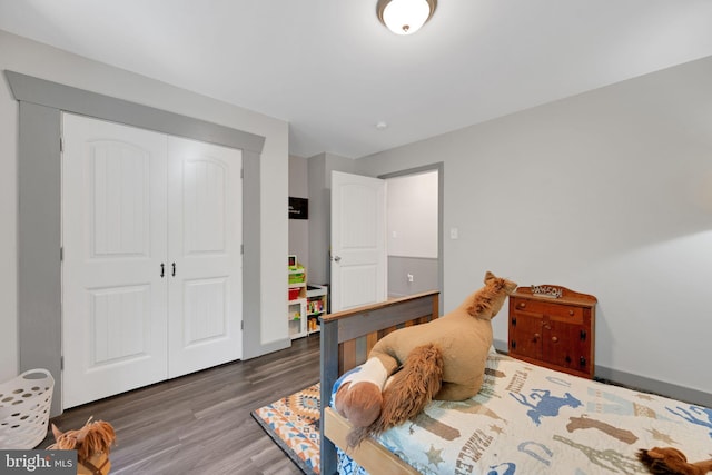 bedroom with wood-type flooring and a closet