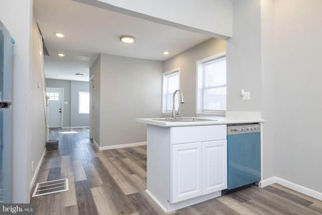 kitchen featuring sink, dark hardwood / wood-style flooring, stainless steel dishwasher, and white cabinetry