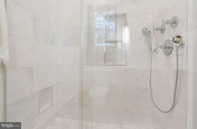 bathroom featuring a shower with door