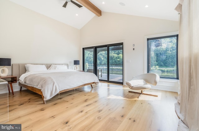 bedroom featuring access to outside, light wood-type flooring, beam ceiling, and ceiling fan