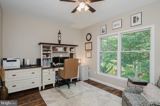 home office with ceiling fan and dark wood-type flooring