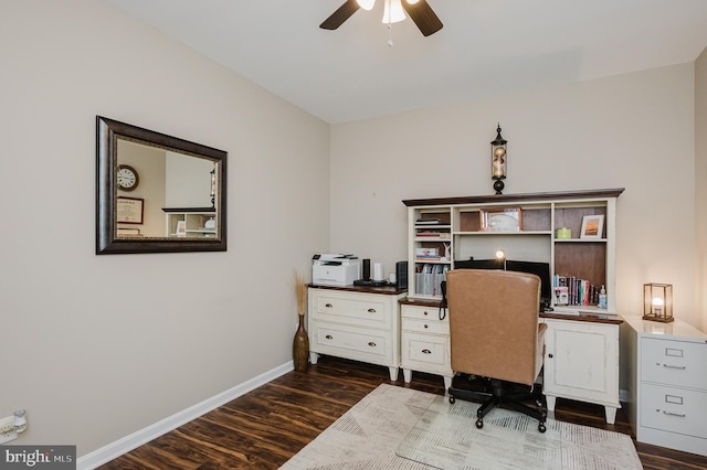 office space featuring dark wood-type flooring and ceiling fan