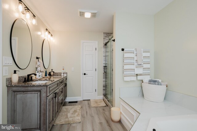 bathroom with walk in shower, vanity, and wood-type flooring