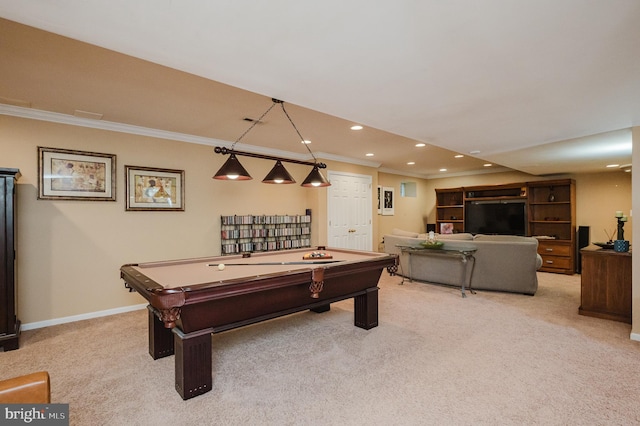 playroom with light colored carpet, crown molding, and pool table