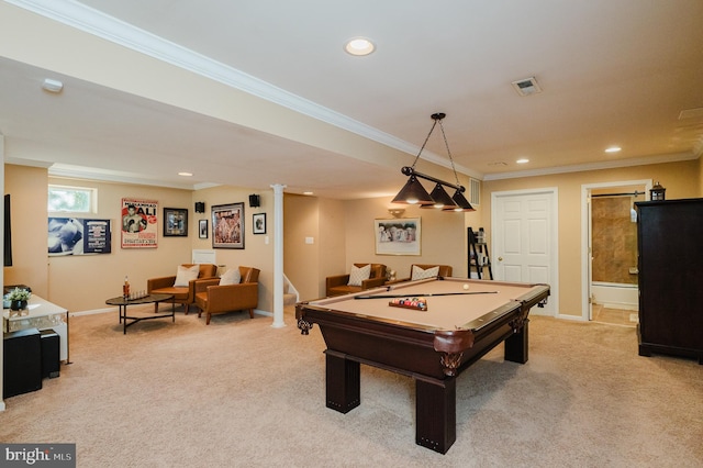 playroom with light colored carpet, billiards, and ornamental molding