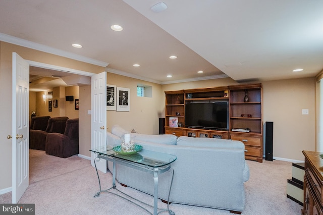 living room with light colored carpet and ornamental molding