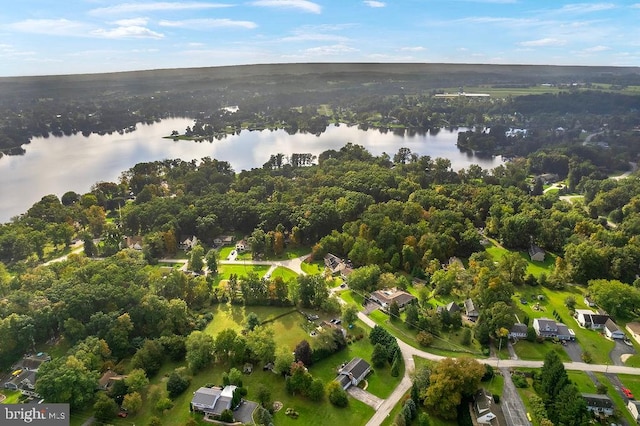 drone / aerial view featuring a water view