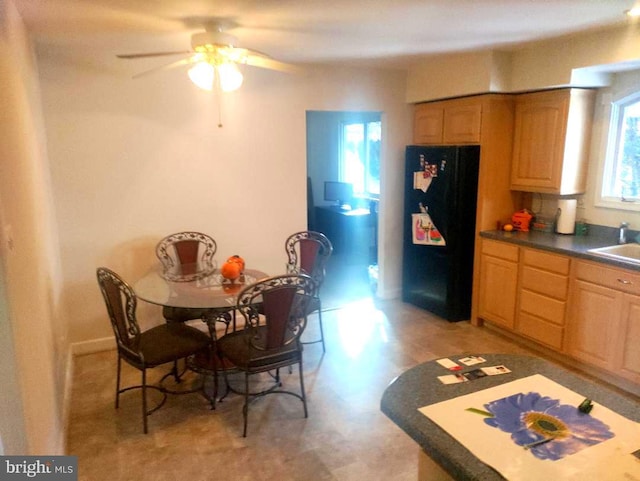 dining space with sink and ceiling fan