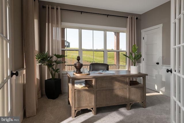 office space with french doors and light colored carpet