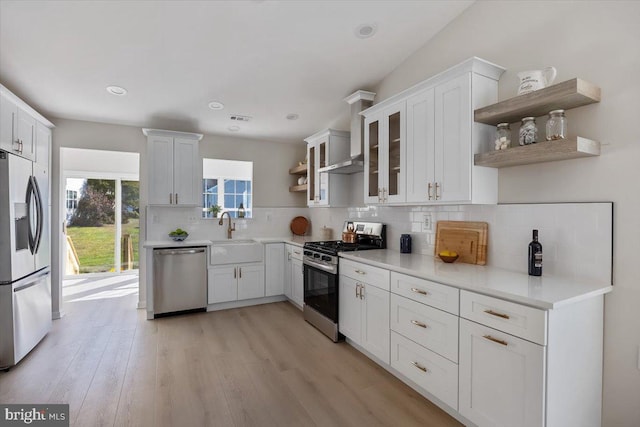 kitchen with stainless steel appliances, white cabinets, sink, light hardwood / wood-style flooring, and backsplash