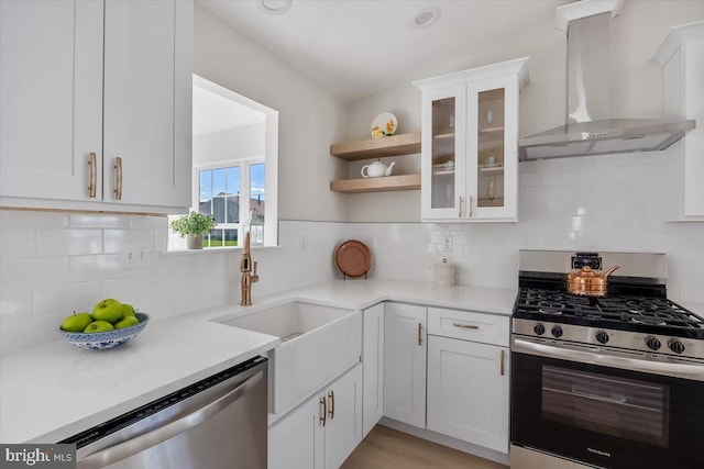 kitchen with white cabinets, stainless steel appliances, wall chimney exhaust hood, and sink