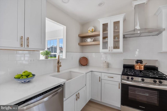 kitchen featuring wall chimney exhaust hood, white cabinetry, light countertops, a sink, and stainless steel appliances