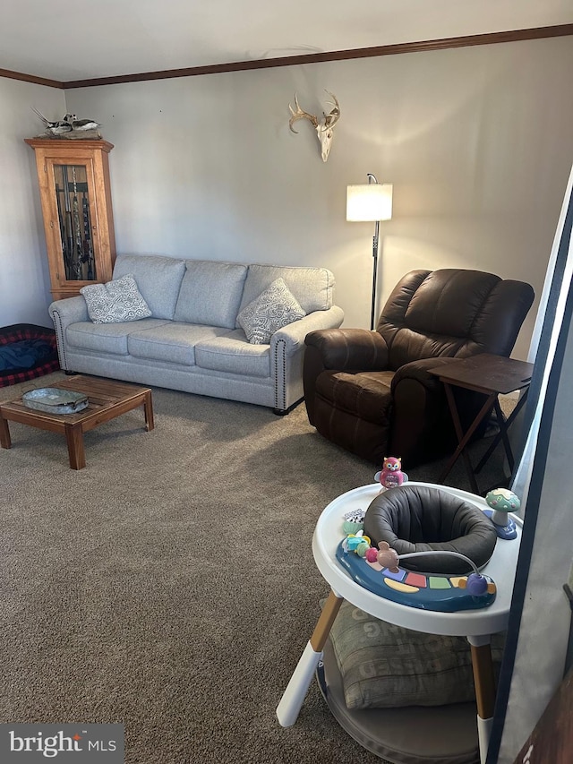 carpeted living room with ornamental molding