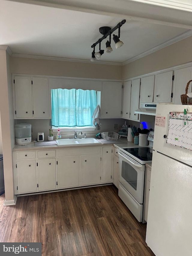 kitchen featuring white cabinetry, sink, and white appliances