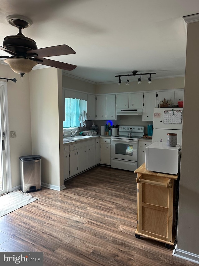 kitchen featuring ornamental molding, dark hardwood / wood-style flooring, ceiling fan, and electric range