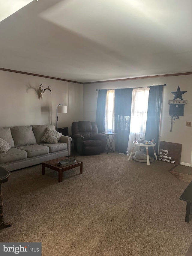 carpeted living room with ornamental molding