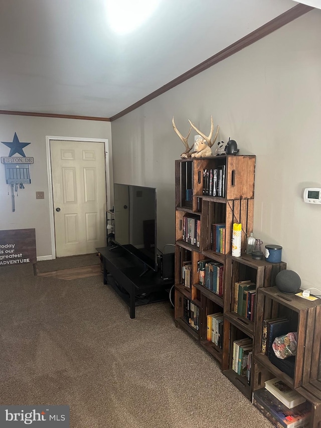 sitting room featuring crown molding and carpet floors