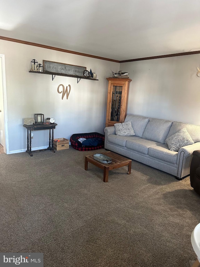 living room featuring carpet and ornamental molding