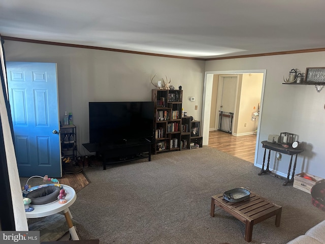 carpeted living room with ornamental molding