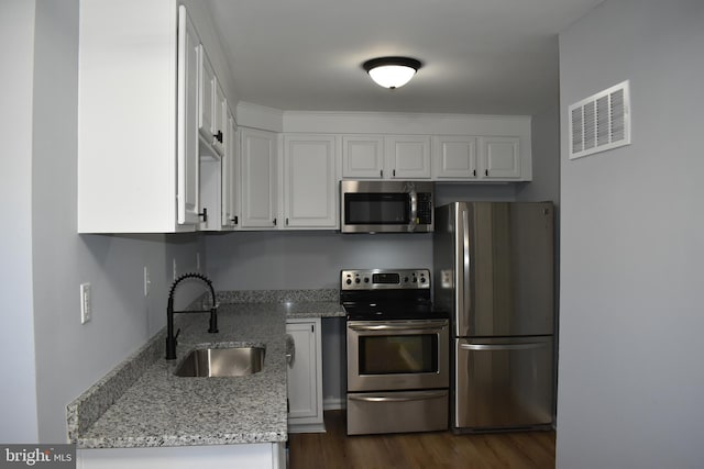 kitchen featuring light stone countertops, white cabinetry, sink, and appliances with stainless steel finishes