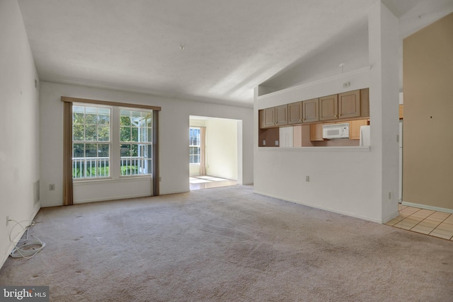 unfurnished living room featuring lofted ceiling and light carpet