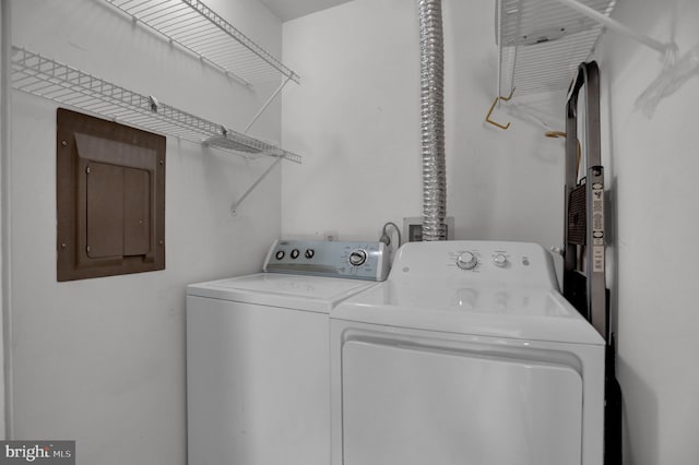 laundry room featuring electric panel and washing machine and dryer