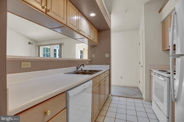 kitchen featuring light tile patterned flooring, white appliances, sink, and light brown cabinets