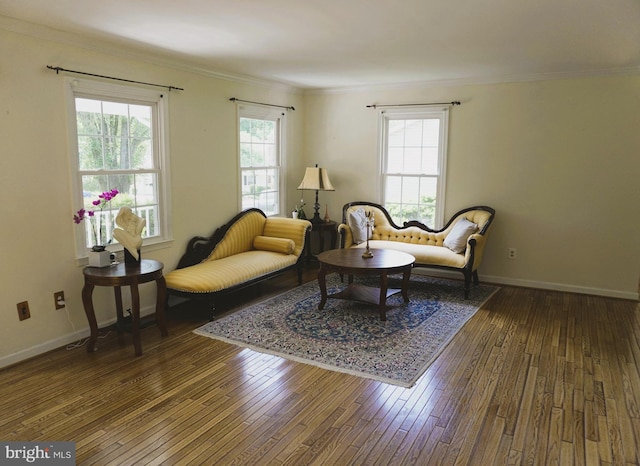 living area with crown molding, wood-type flooring, and a healthy amount of sunlight