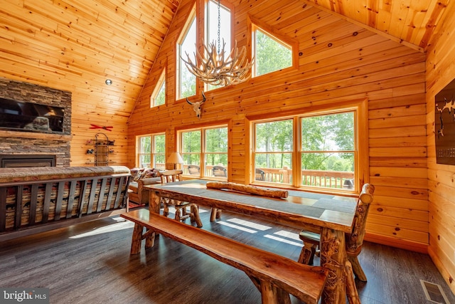 dining room with wooden walls, high vaulted ceiling, wood ceiling, and dark hardwood / wood-style floors