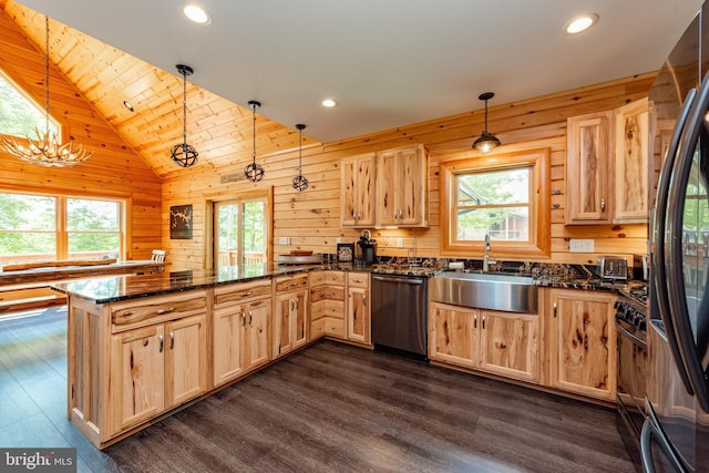 kitchen featuring kitchen peninsula, stainless steel appliances, and decorative light fixtures